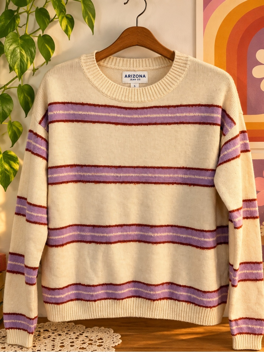 Arizona Jean Co Striped Knit Sweater Women’s Small Cream Purple Rust